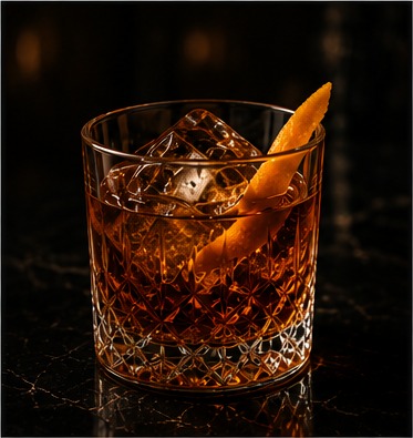 She Neat Old Fashioned poured over ice with an orange peel