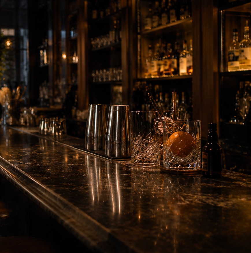 A dark, warmly lit bar counter with cocktail shakers, a finished Old Fashioned, and shelves of bottles