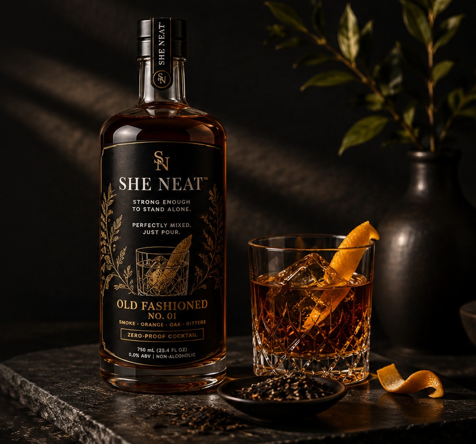 She Neat Old Fashioned No. 01 bottle beside a finished cocktail on a dark bar counter