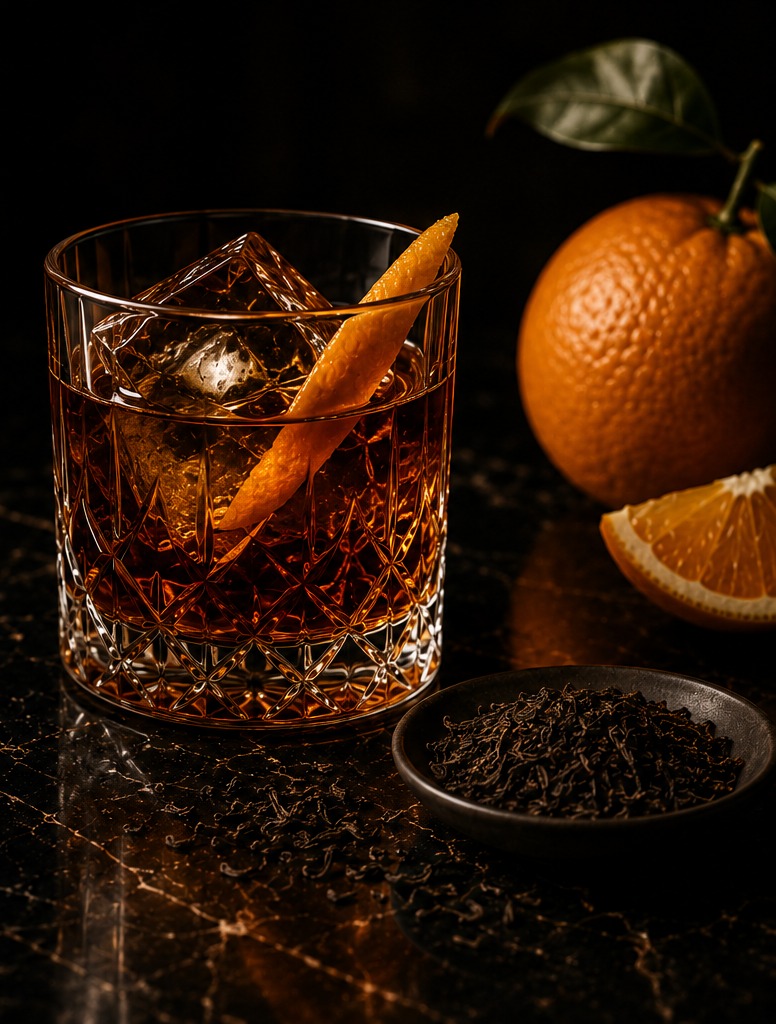 She Neat Old Fashioned No. 01 cocktail with orange peel, tea leaves, and fresh orange