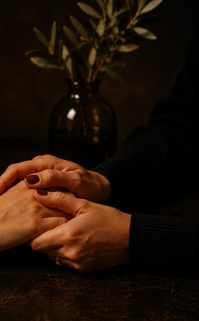 Two hands clasped together in support