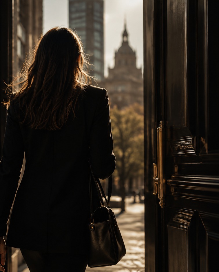 A woman in a tailored black blazer walking through an open doorway toward a Boston street