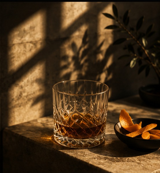 A cut-crystal glass and a bowl of orange peels on a sunlit stone ledge, dappled light through leaves